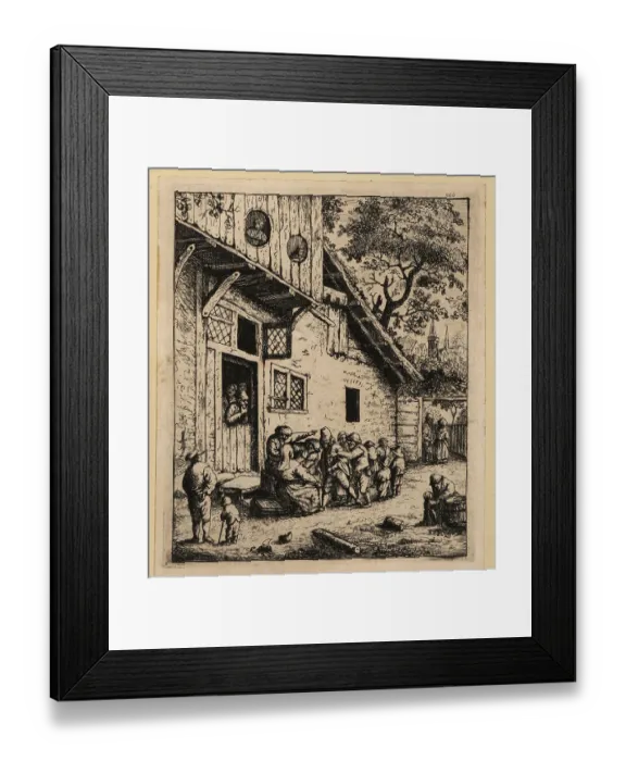 Framed Print : 17th century Dutch peasants outside a large farmhouse Framed Print : 17th century Dutch peasants outside a large farmhouse