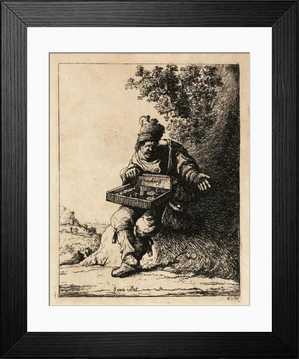 Framed Print : 17th century Dutch pedlar with straw box of wares seated by a ro Framed Print : 17th century Dutch pedlar with straw box of wares seated by a ro
