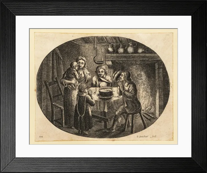 Framed Print : Family saying grace before a large bowl of stew in a rustic home Framed Print : Family saying grace before a large bowl of stew in a rustic home