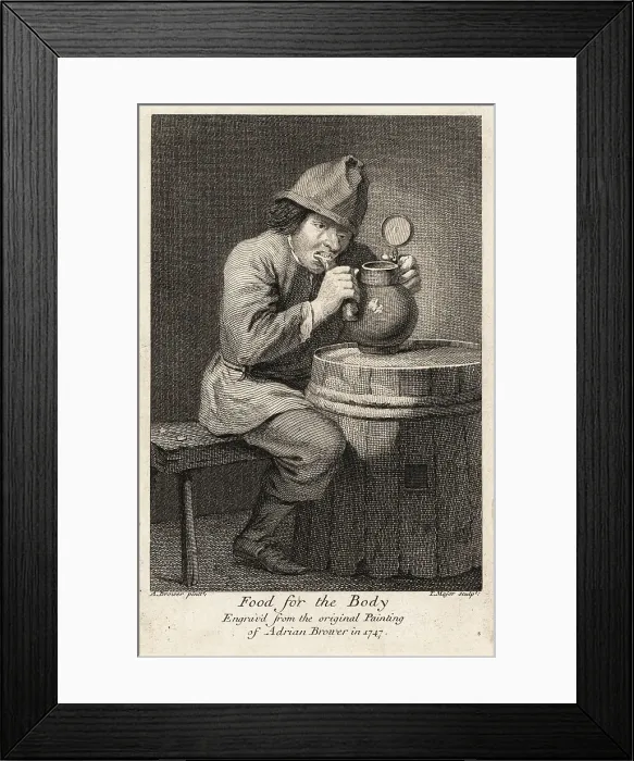 Framed Print : 18th century Flemish peasant eating at a barrel table in a taver Framed Print : 18th century Flemish peasant eating at a barrel table in a taver