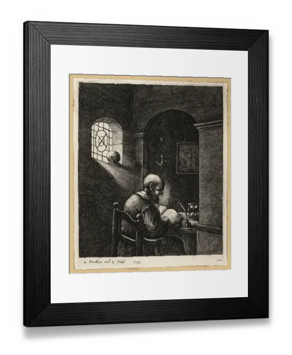 Framed Print : 17th century monk reading a Bible at a desk in his cell Framed Print : 17th century monk reading a Bible at a desk in his cell