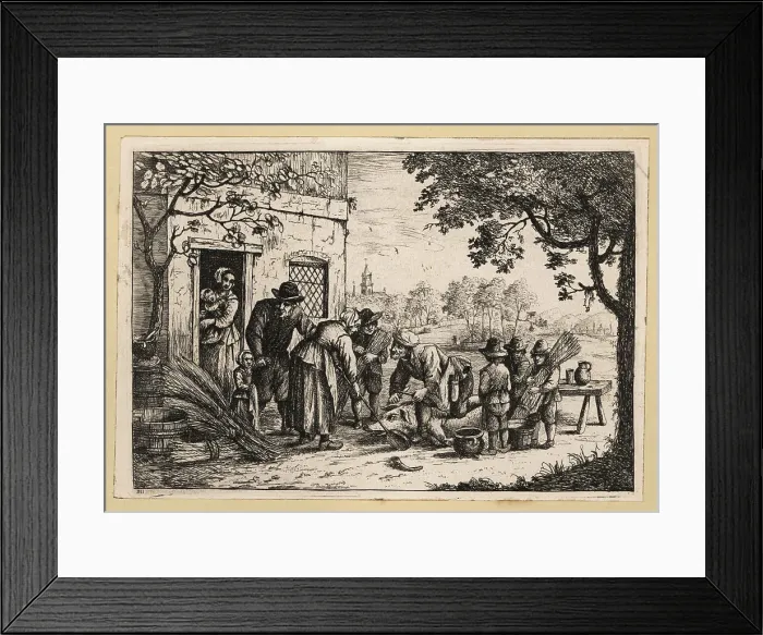 Framed Print : Butcher sharpening his knife before slaughtering a pig, 18th cen Framed Print : Butcher sharpening his knife before slaughtering a pig, 18th cen