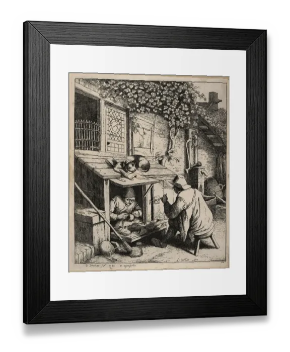 Framed Print : 17th century Dutch shoemaker in a small shop in front of his hou Framed Print : 17th century Dutch shoemaker in a small shop in front of his hou