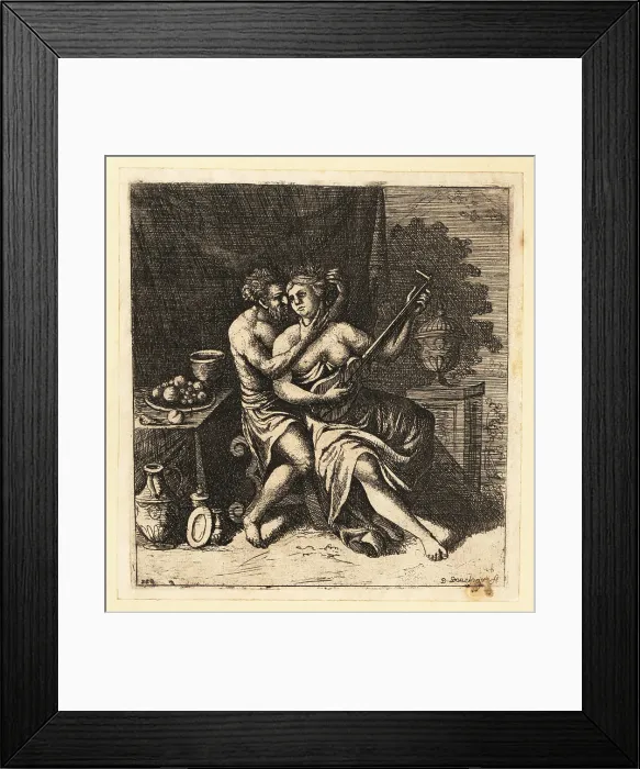 Framed Print : Allegorical scene with man seducing a woman as she plays guitar Framed Print : Allegorical scene with man seducing a woman as she plays guitar