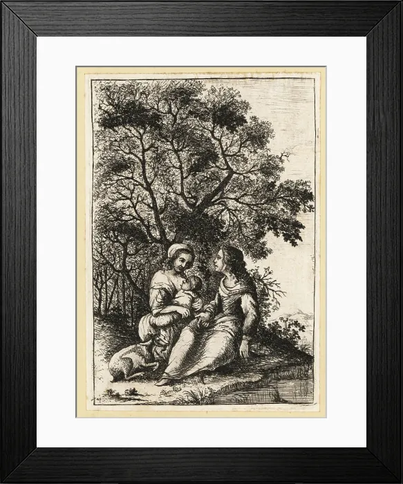 Framed Print : Rustic scene with two women, a baby in swaddling clothes, and a Framed Print : Rustic scene with two women, a baby in swaddling clothes, and a