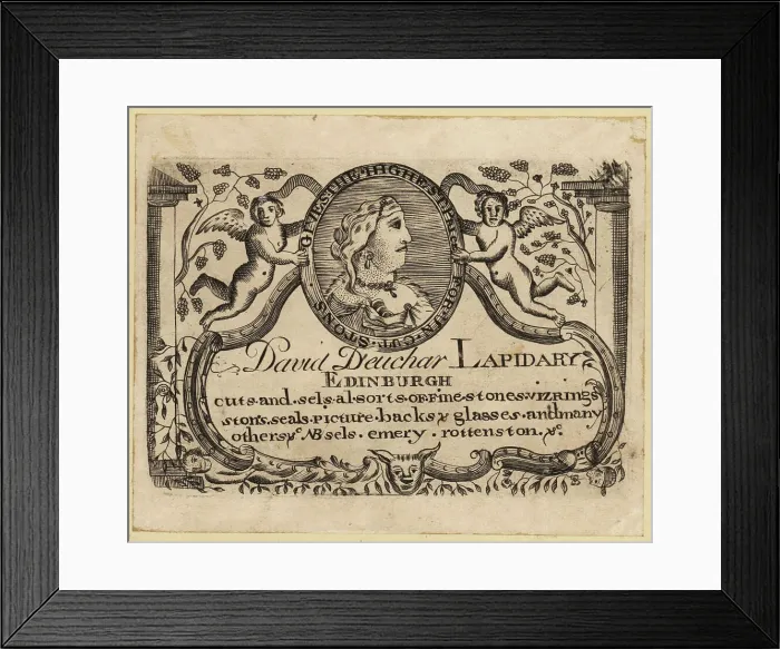 Framed Print : Trade card of David Deuchar, 1743-1808, Scottish engraver Framed Print : Trade card of David Deuchar, 1743-1808, Scottish engraver