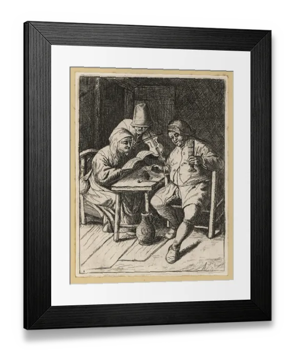 Framed Print : 17th century fiddler with woman reading music score and man drin Framed Print : 17th century fiddler with woman reading music score and man drin