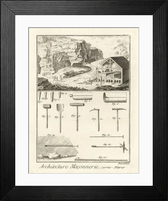 Framed Print : Quarrymen plasterers and their tools, 18th century Framed Print : Quarrymen plasterers and their tools, 18th century