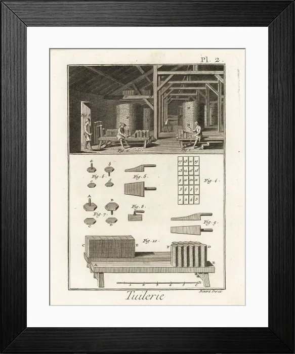 Framed Print : Workers trimming tiles in a roof-tile works, 18th century Framed Print : Workers trimming tiles in a roof-tile works, 18th century