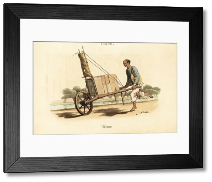 Framed Print : Chinese porter carrying goods in a wheelbarrow, 18th century Framed Print : Chinese porter carrying goods in a wheelbarrow, 18th century