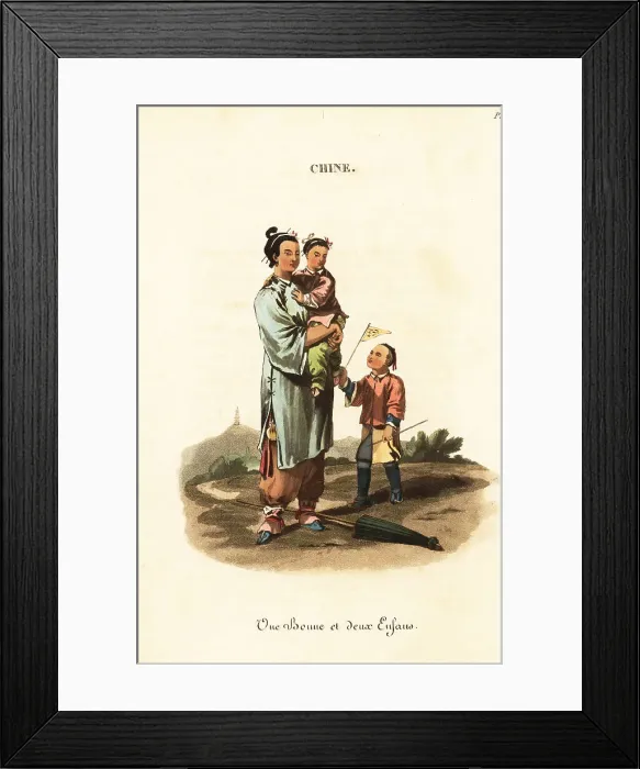 Framed Print : Chinese nursery maid and two children Framed Print : Chinese nursery maid and two children