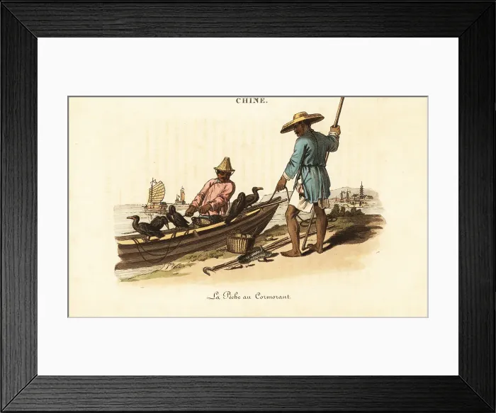 Framed Print : Chinese fishermen and their cormorants, 18th century Framed Print : Chinese fishermen and their cormorants, 18th century
