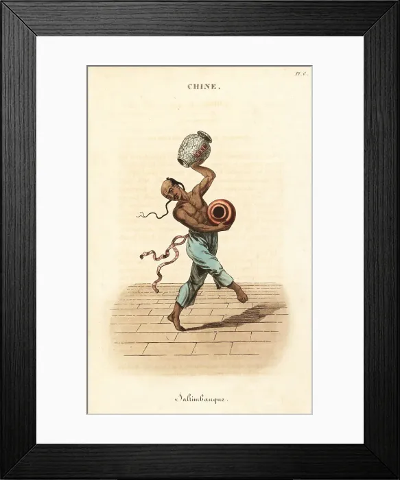 Framed Print : Chinese juggler dancing and juggling with two large vases Framed Print : Chinese juggler dancing and juggling with two large vases