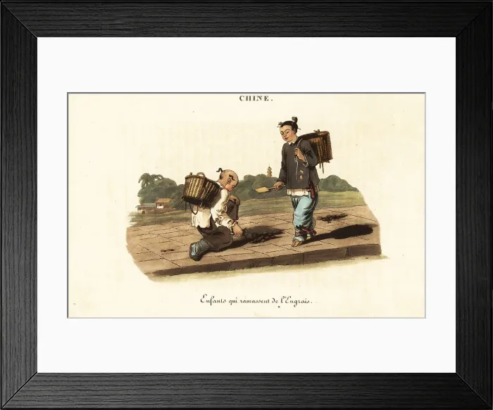 Framed Print : Chinese children collecting horse manure, 18th century Framed Print : Chinese children collecting horse manure, 18th century