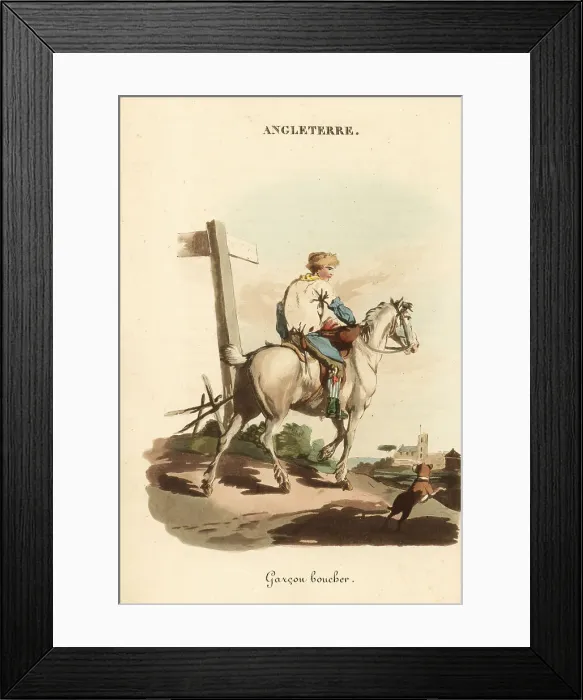 Framed Print : Butcher's boy at a signpost in the road, 1800s Framed Print : Butcher's boy at a signpost in the road, 1800s