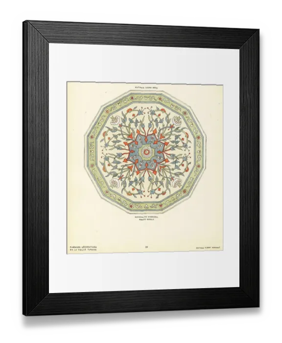 Framed Print : Ceramic rosette wall tile decorated with flowers and foliage mad