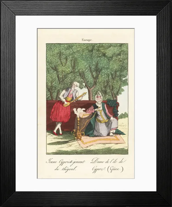Framed Print : Musician and woman seated on a carpet, Cyprus, 1800s Framed Print : Musician and woman seated on a carpet, Cyprus, 1800s