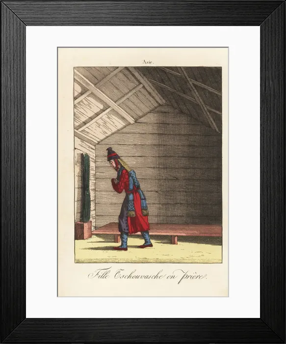 Framed Print : Young Chuvash woman at prayer in a cabin, 18th century Framed Print : Young Chuvash woman at prayer in a cabin, 18th century