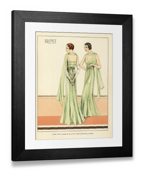 Framed Print : Elegant evening dress in Nile green silk muslin, 1931