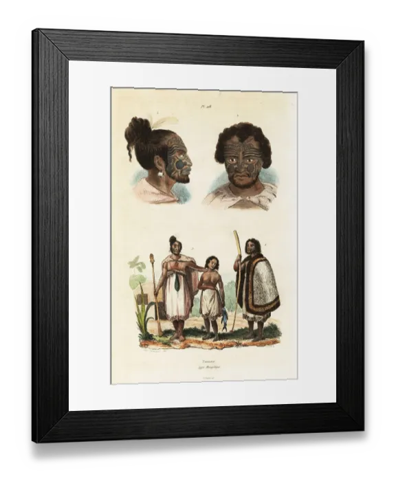 Framed Print : Maori family with moko facial tattoos, New Zealand