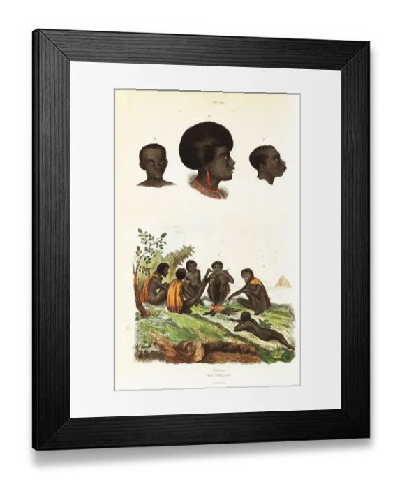 Framed Print : Australian Aborigines and heads of natives of Waigeo, West Papua Framed Print : Australian Aborigines and heads of natives of Waigeo, West Papua