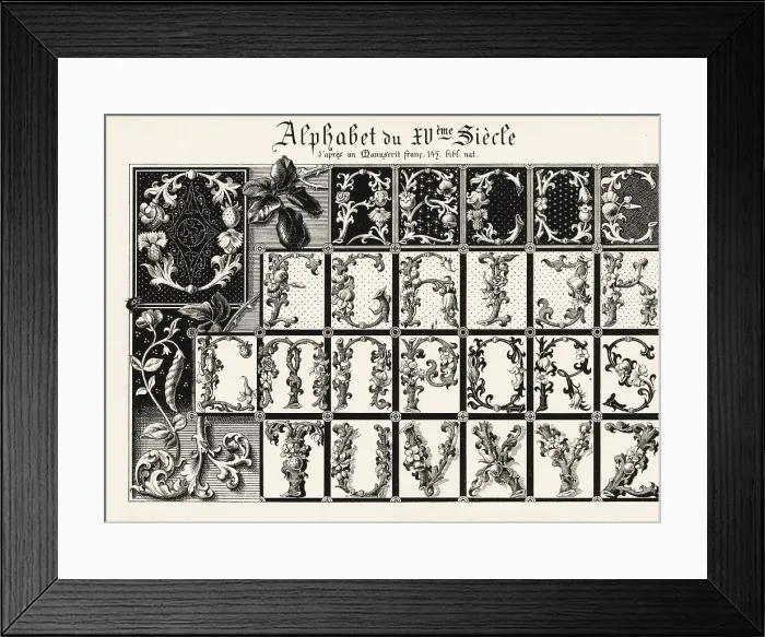 Framed Print : Alphabet of illuminated initial letters with foliage, 15th centu Framed Print : Alphabet of illuminated initial letters with foliage, 15th centu