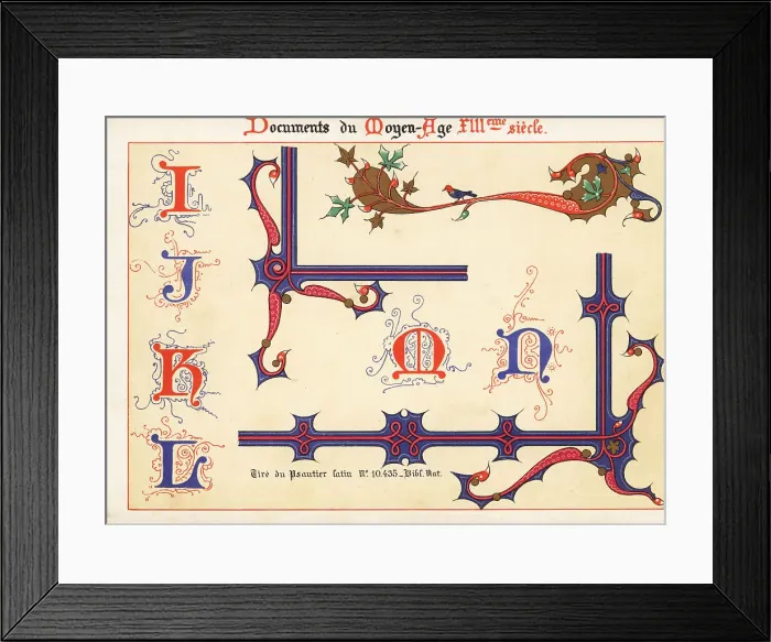 Framed Print : Alphabet of decorative initial letters from I to N, 13th century Framed Print : Alphabet of decorative initial letters from I to N, 13th century