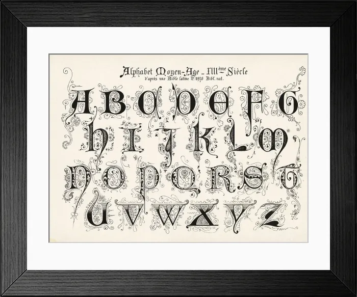 Framed Print : Alphabet of initial letters from a Latin Bible of the 13th centu Framed Print : Alphabet of initial letters from a Latin Bible of the 13th centu