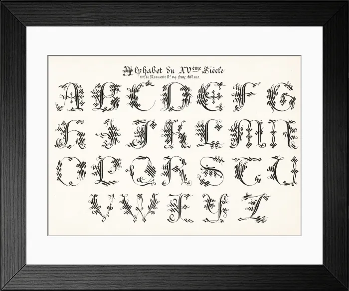Framed Print : Ornate alphabet from a French illuminated manuscript 15th centur Framed Print : Ornate alphabet from a French illuminated manuscript 15th centur