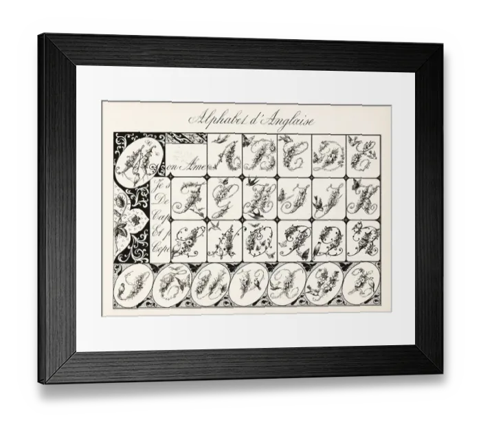 Framed Print : Alphabet of initial letters decorated with garlands and birds fr Framed Print : Alphabet of initial letters decorated with garlands and birds fr