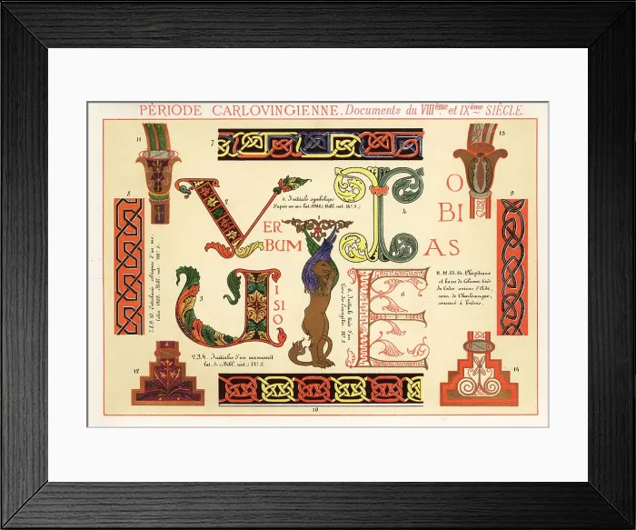 Framed Print : Initial letters and borders from documents of the Carolingian dy