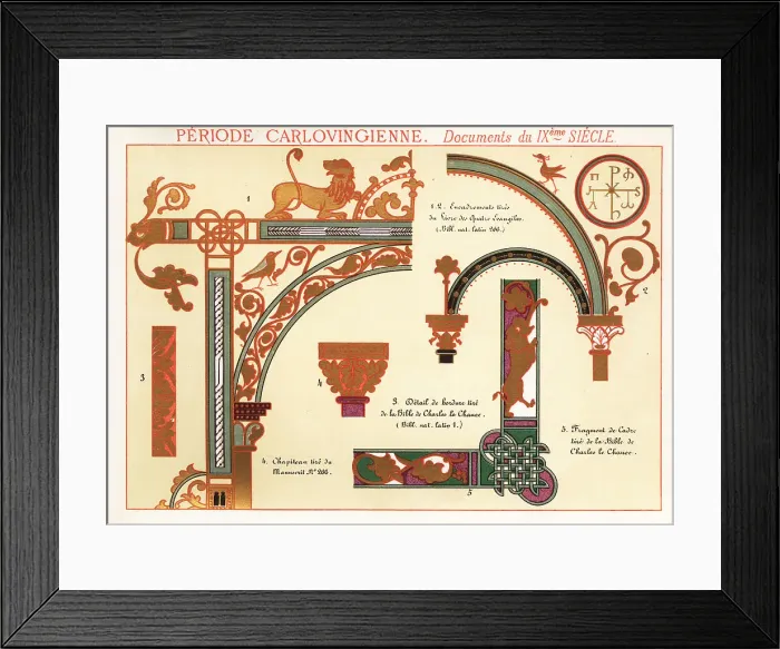 Framed Print : Ornate frames, border and capital from documents of the Caroling Framed Print : Ornate frames, border and capital from documents of the Caroling