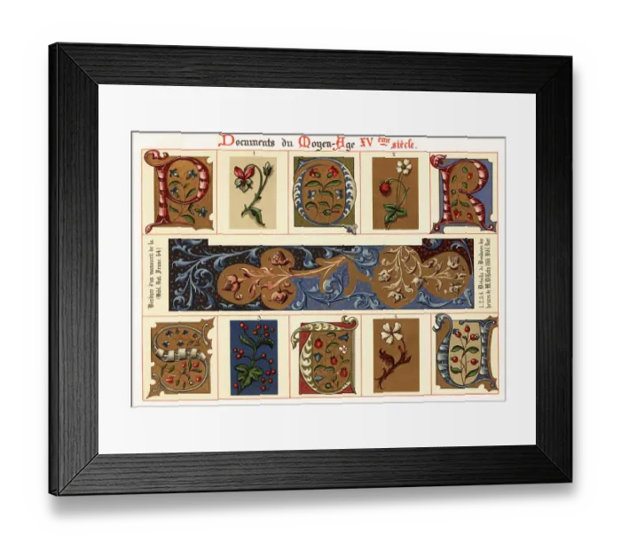 Framed Print : Initials and border design from an illuminated manuscript, 15th Framed Print : Initials and border design from an illuminated manuscript, 15th