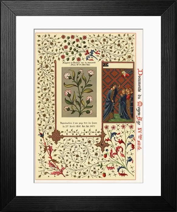 Framed Print : Page from a Book of Hours, and fragment of a border from a manus Framed Print : Page from a Book of Hours, and fragment of a border from a manus