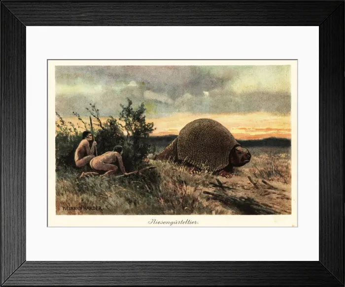 Framed Print : Primitive men with spears hunting a glyptodon Framed Print : Primitive men with spears hunting a glyptodon