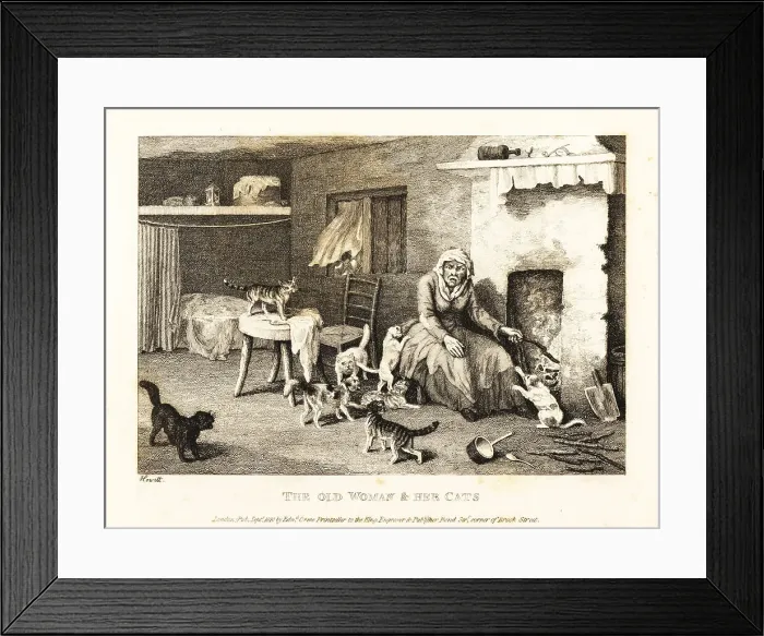Framed Print : Old hag seated at the hearth in a hovel surrounded by cats Framed Print : Old hag seated at the hearth in a hovel surrounded by cats