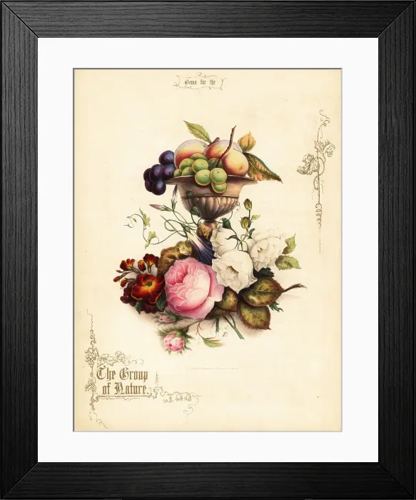 Framed Print : Bouquet of roses with grapes and peaches in vase Framed Print : Bouquet of roses with grapes and peaches in vase