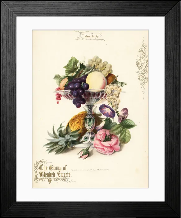 Framed Print : Bouquet of pineapple, grapes, peach, rose, morning glory Framed Print : Bouquet of pineapple, grapes, peach, rose, morning glory