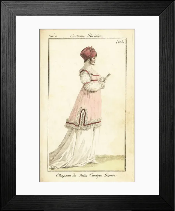 Framed Print : Woman with fan in satin hat, short tunic, Paris, 1802 Framed Print : Woman with fan in satin hat, short tunic, Paris, 1802