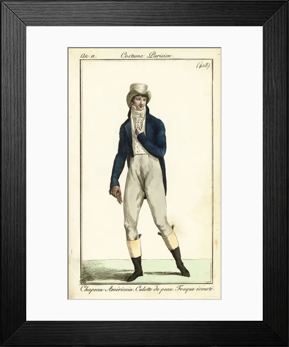 Framed Print : Dandy in American hat, short-tail frock coat, Paris, 1802 Framed Print : Dandy in American hat, short-tail frock coat, Paris, 1802