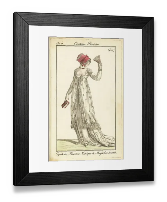 Framed Print : Fashionable woman with fan and almanac, Paris, 1802 Framed Print : Fashionable woman with fan and almanac, Paris, 1802