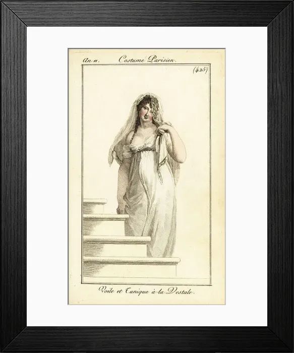 Framed Print : Merveilleuse in lace veil and tunic dress, Paris, 1802