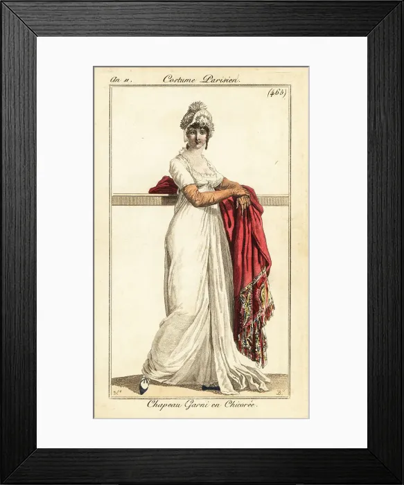 Framed Print : Woman in formal gown and hat decorated with chicory, Paris, 1803 Framed Print : Woman in formal gown and hat decorated with chicory, Paris, 1803
