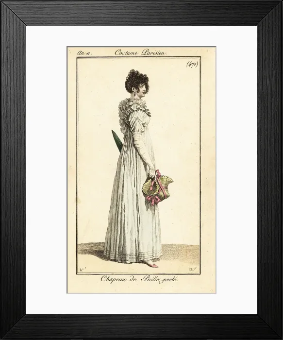 Framed Print : Woman holding a beaded straw hat, Paris, 1803 Framed Print : Woman holding a beaded straw hat, Paris, 1803