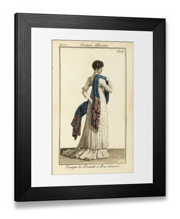 Framed Print : Woman in lace tunic dress with a low-cut back, Paris, 1803 Framed Print : Woman in lace tunic dress with a low-cut back, Paris, 1803