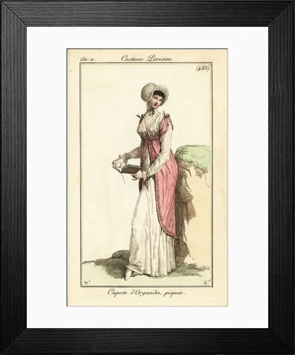 Framed Print : Woman in a hooded bonnet in ribbed organdy. July 1803 Framed Print : Woman in a hooded bonnet in ribbed organdy. July 1803