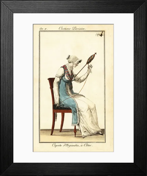 Framed Print : Woman spinning yarn with a spindle and distaff, Paris, 1803 Framed Print : Woman spinning yarn with a spindle and distaff, Paris, 1803