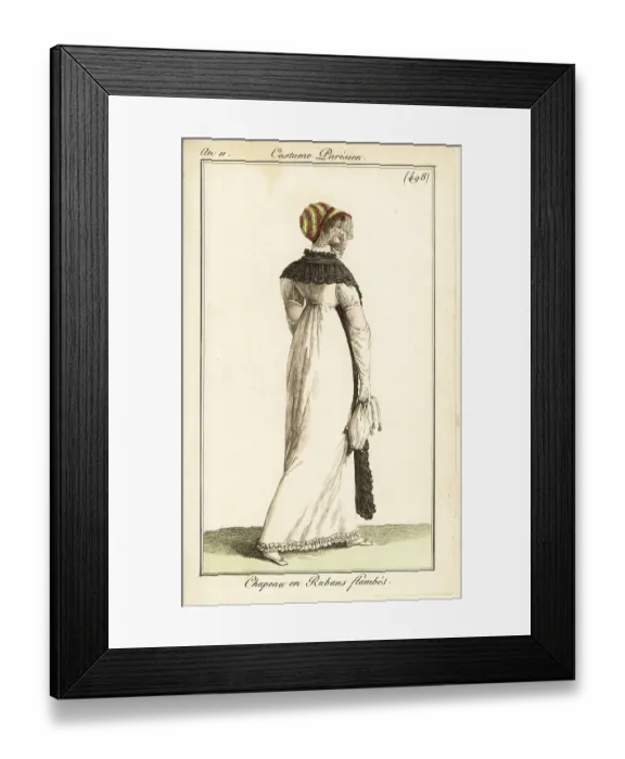 Framed Print : Fashionable woman in colourful ribbon bonnet, Paris, 1803 Framed Print : Fashionable woman in colourful ribbon bonnet, Paris, 1803