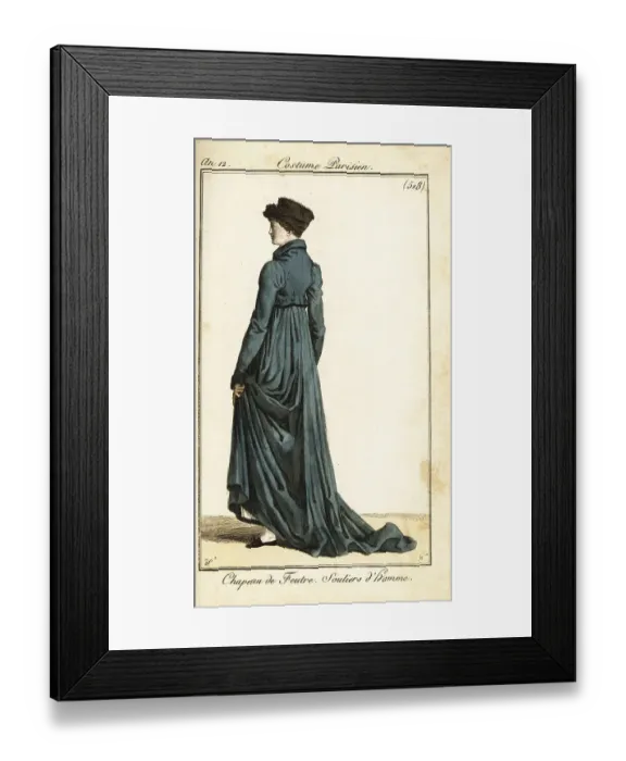 Framed Print : Woman in felt hat, long ridingcoat, men's slippers, Paris, 1803 Framed Print : Woman in felt hat, long ridingcoat, men's slippers, Paris, 1803