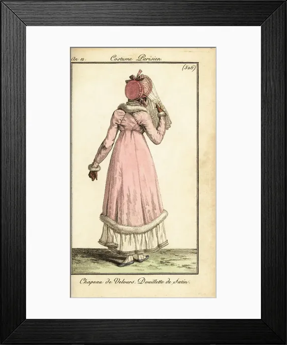 Framed Print : Rear view of a woman in a velvet hat and satin coat, Paris, 1803 Framed Print : Rear view of a woman in a velvet hat and satin coat, Paris, 1803
